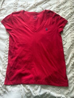 Polo by Ralph Lauren Women's Red V-Neck Tee with Navy Pony